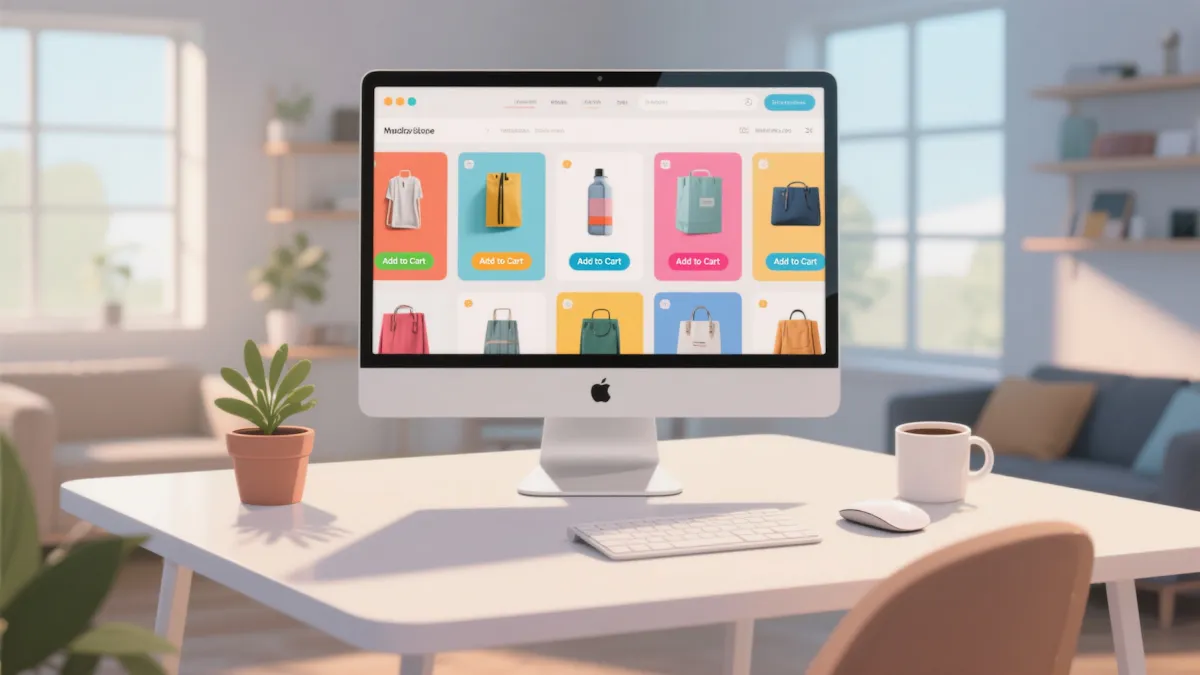 Desktop computer displaying an online shop and product catalogue