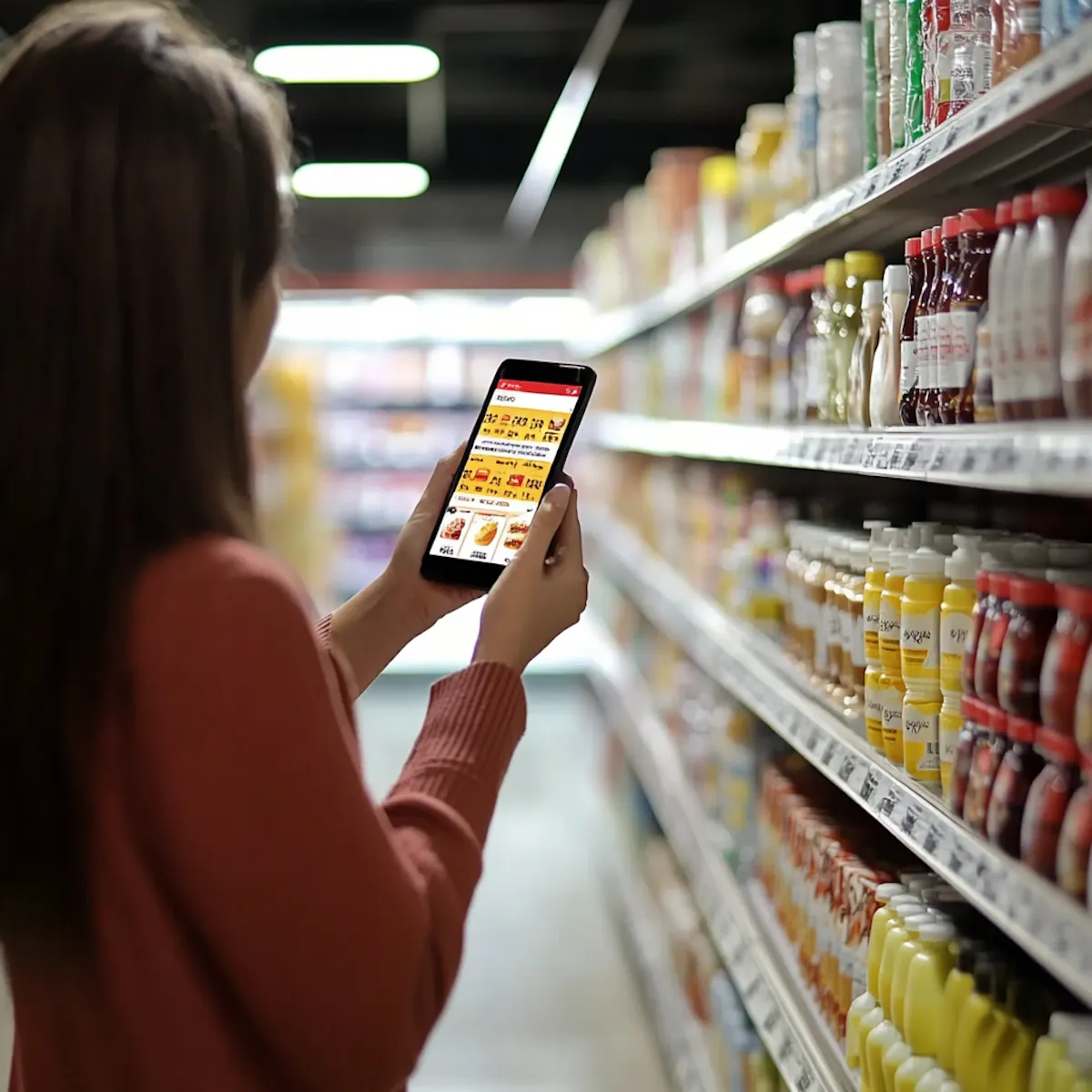 Customer using a mobile shopping app in a supermarket