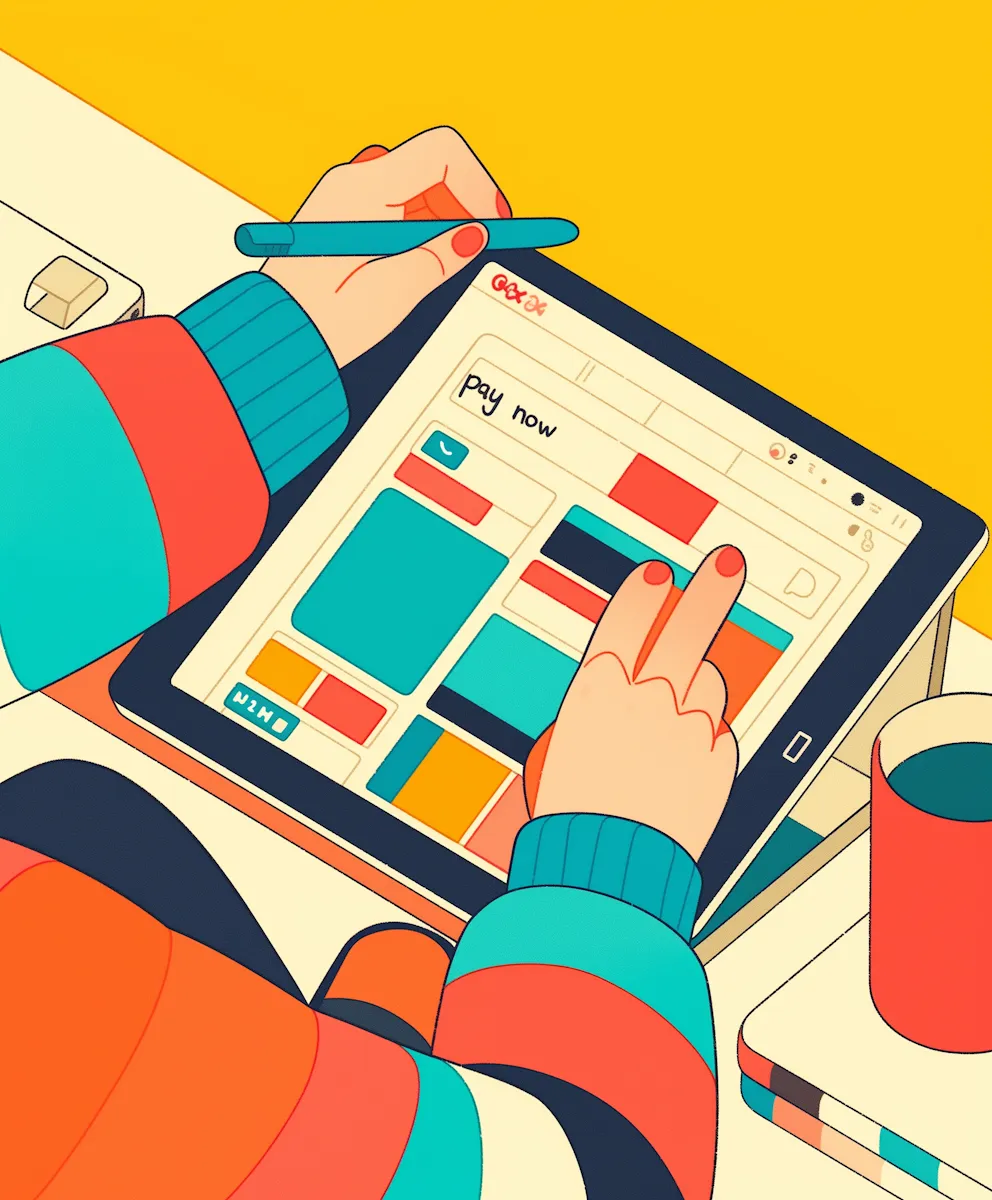 Illustration of hands planning a user interface on a tablet