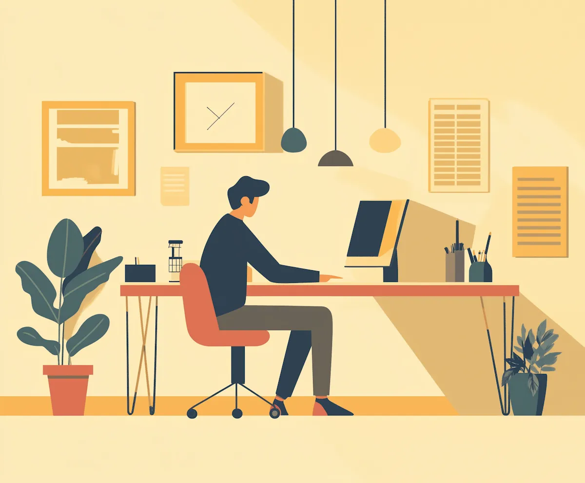 Illustration of a developer working at a desktop computer