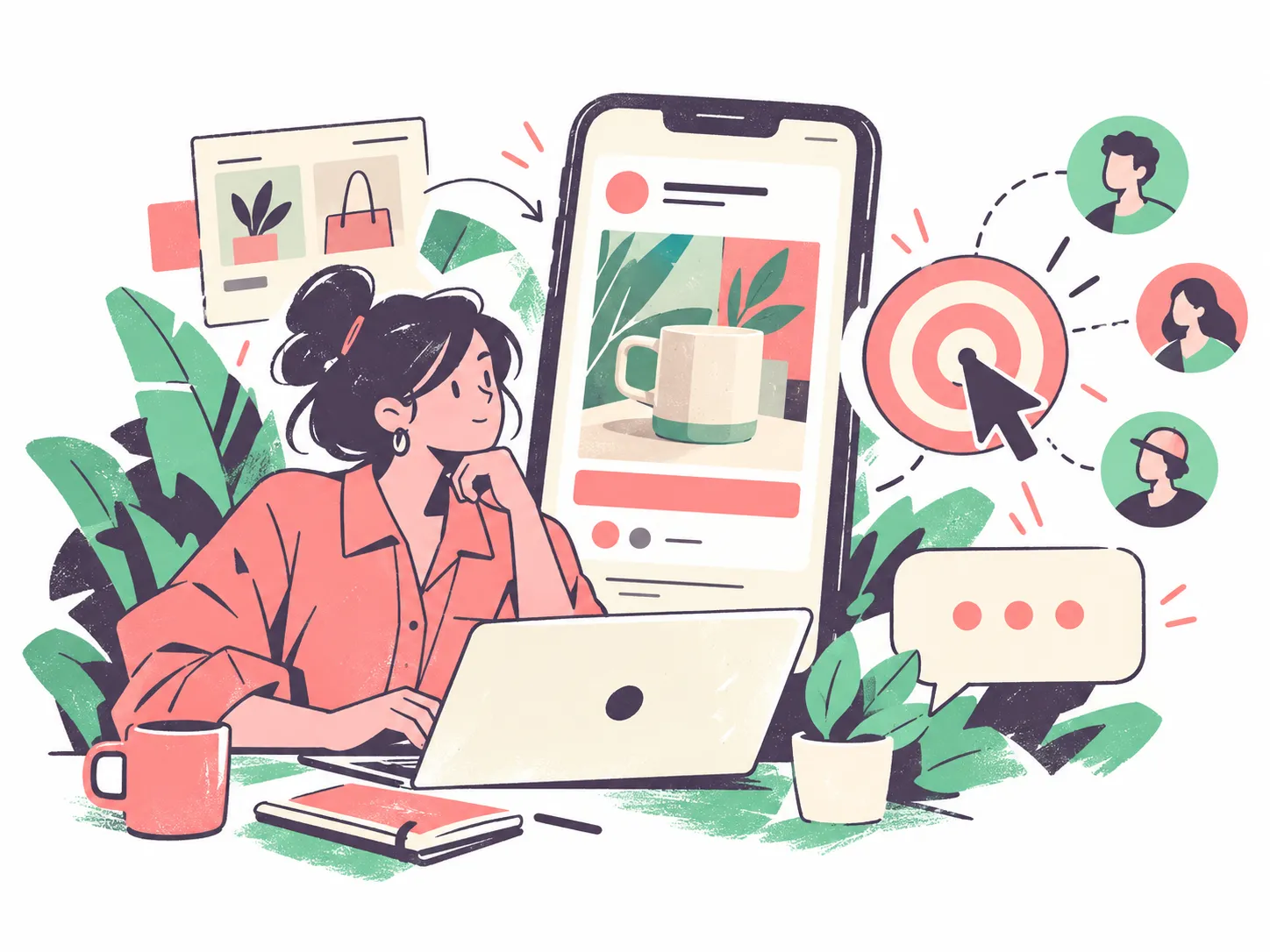 Illustration of a social advertising campaign with a product ad, audience target and customer message