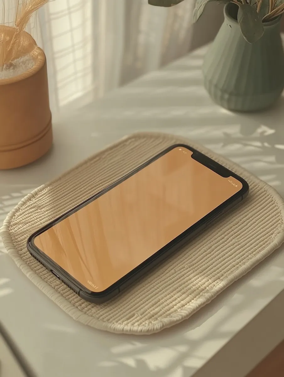 Smartphone on a desk beside a potted plant