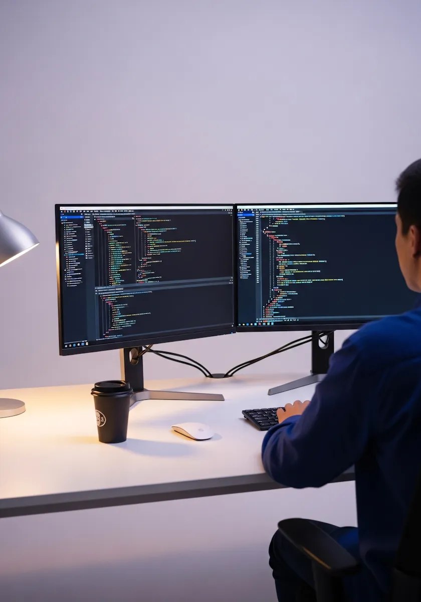 Developer working with code across two monitors