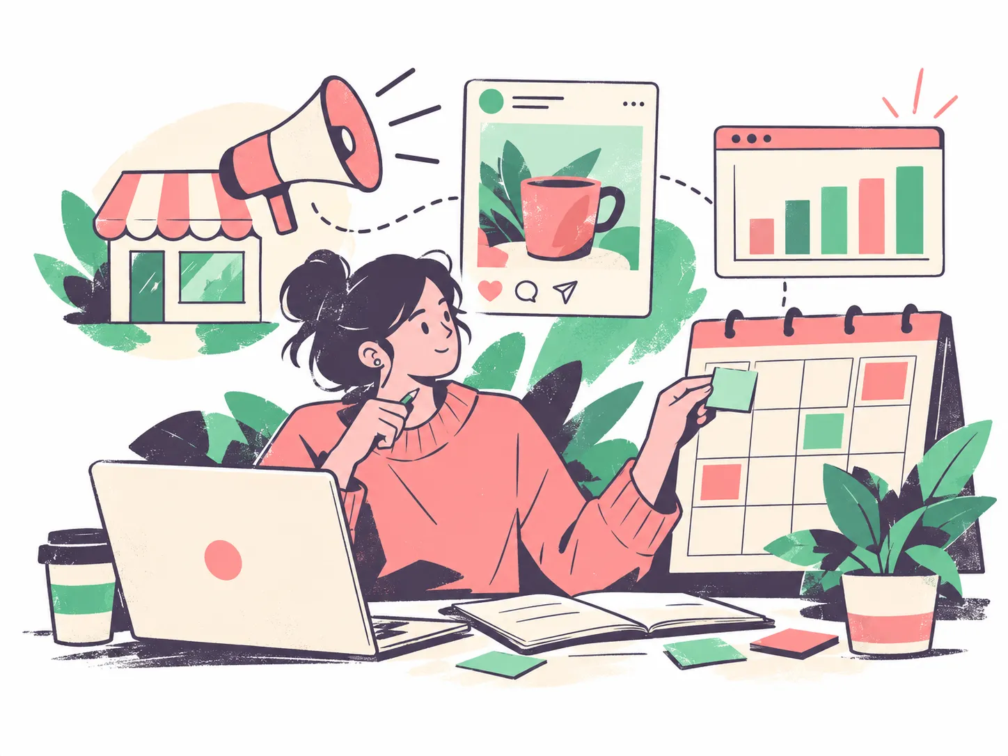 Illustration of a marketing planner organising social content, campaign messages and reporting